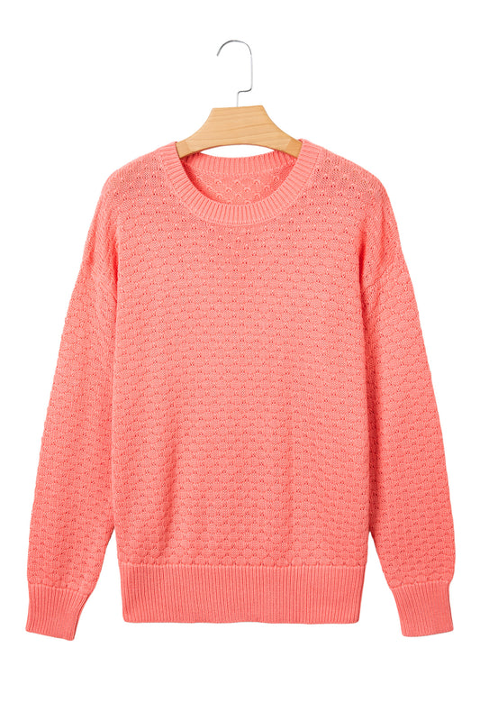 Coral Paradise Drop Shoulder Ribbed Knit Long Sleeve Sweater