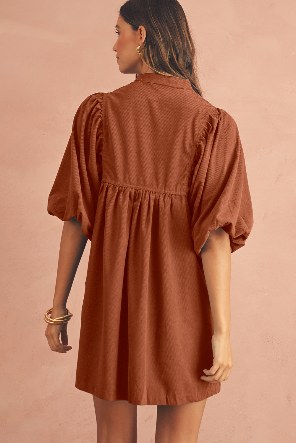 Vineyard Green Light Snap Button Empire Waist Lantern Sleeve Corduroy Dress