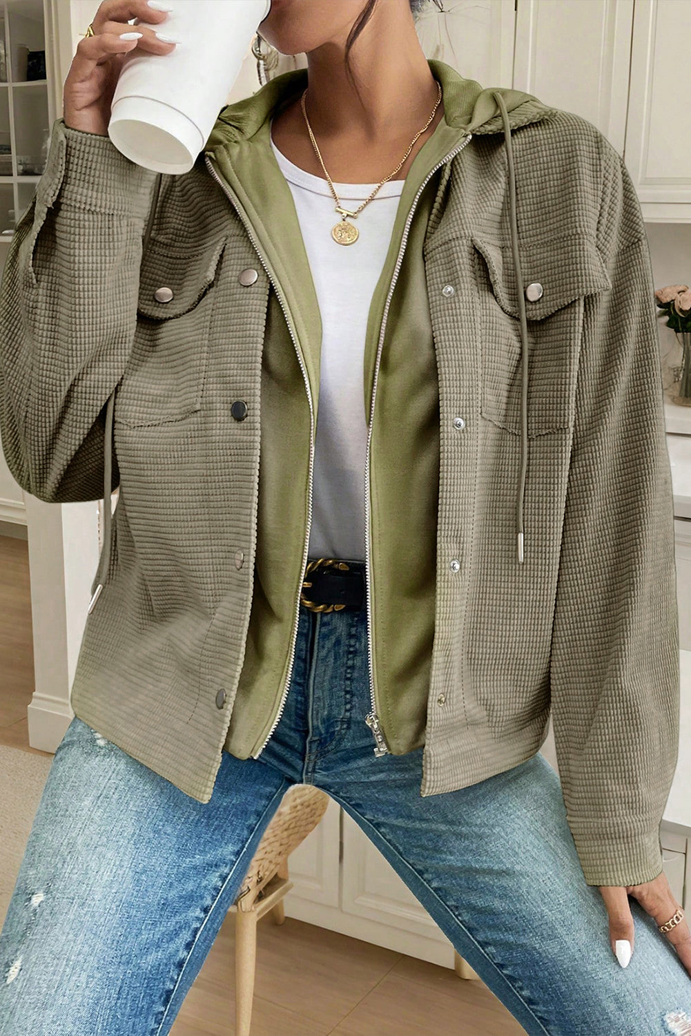 A Laurel Green Solid Color Textured Patchwork Flap Pocket Shacket
