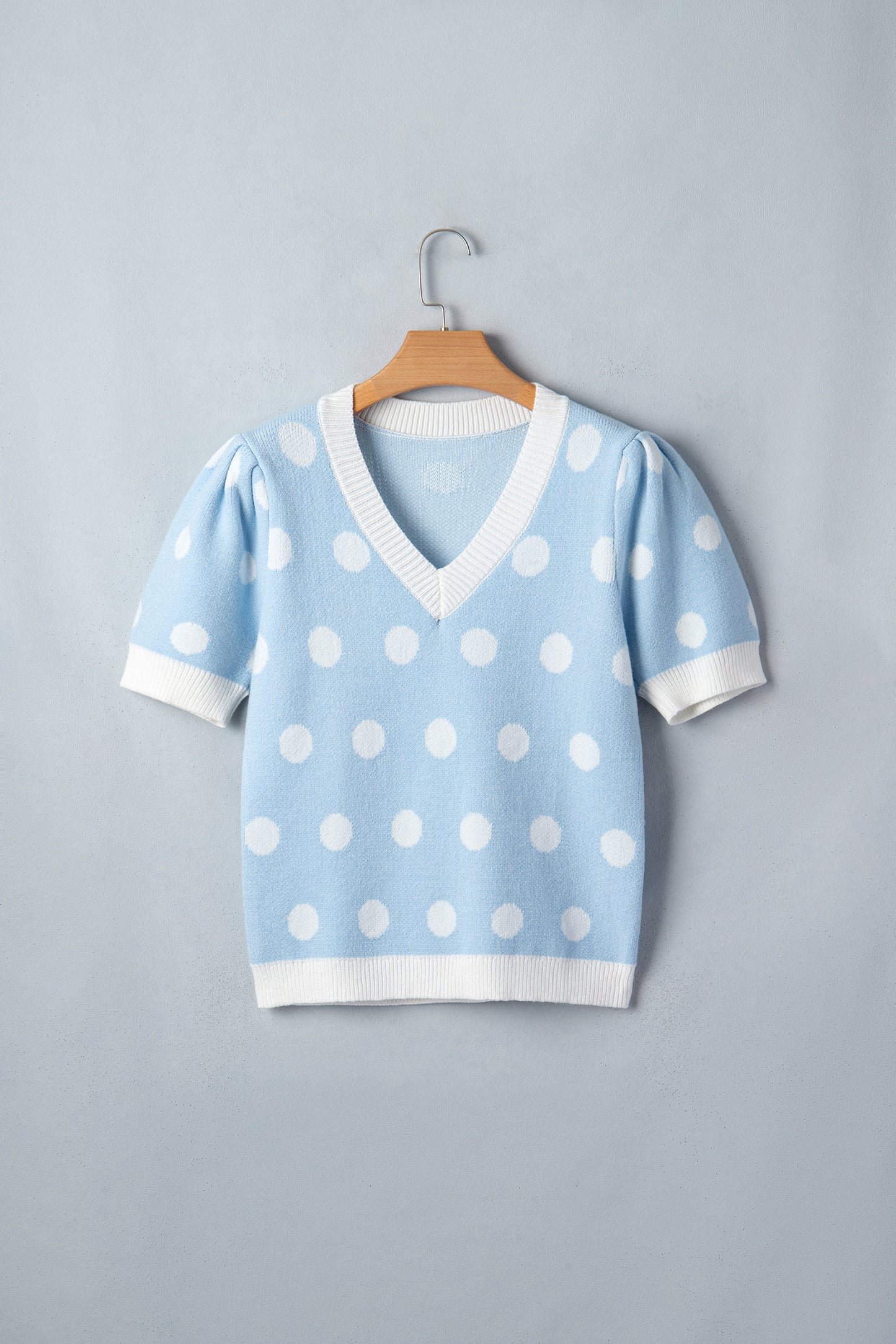 Pink Polka Dot Puff Short Sleeve Sweater Top