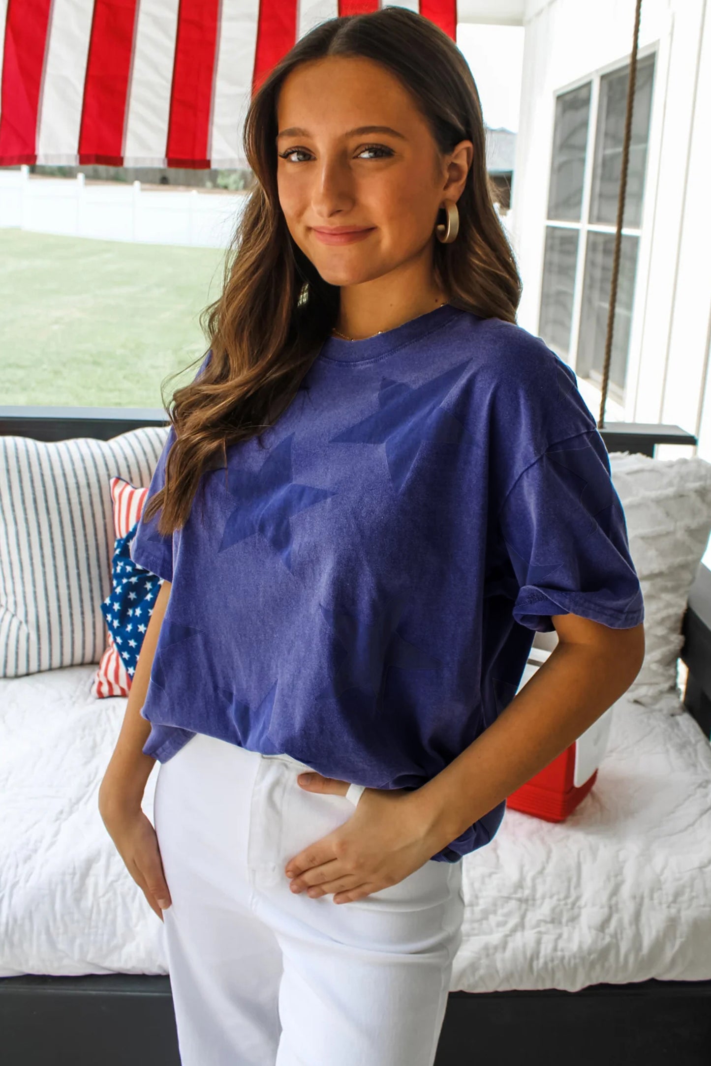 Blue Independence Day Star Printed Mineral Wash T Shirt