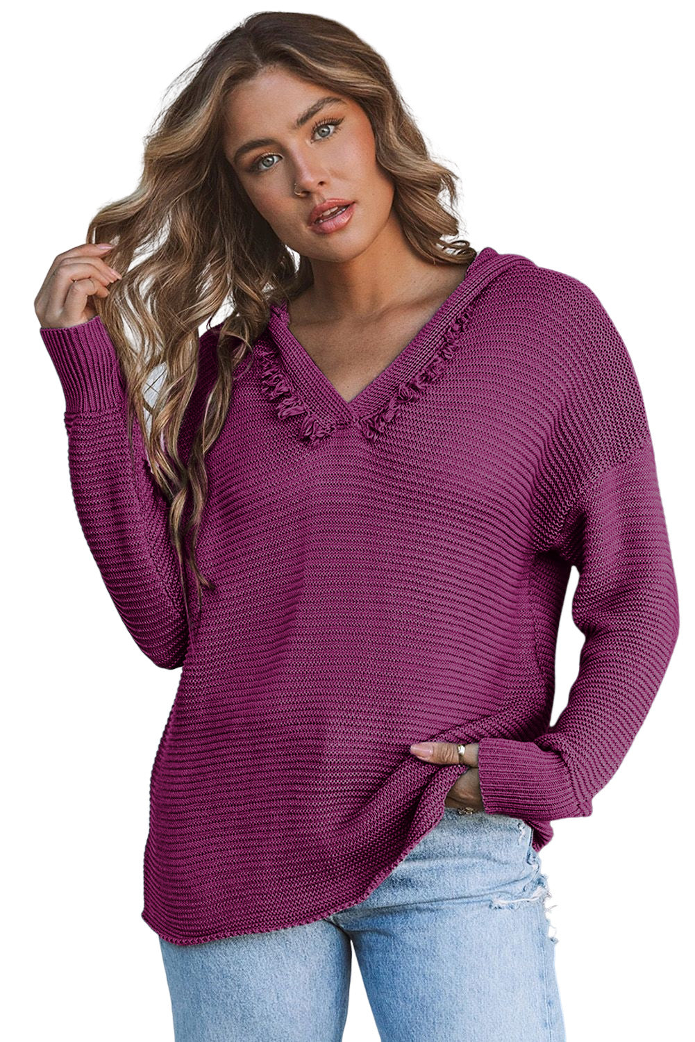 A Purple Split V Neck Pullover Hooded Sweater