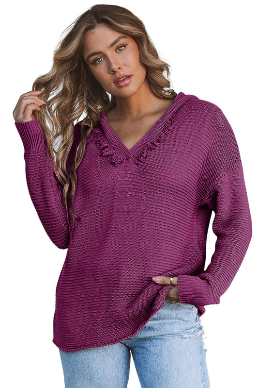 A Purple Split V Neck Pullover Hooded Sweater