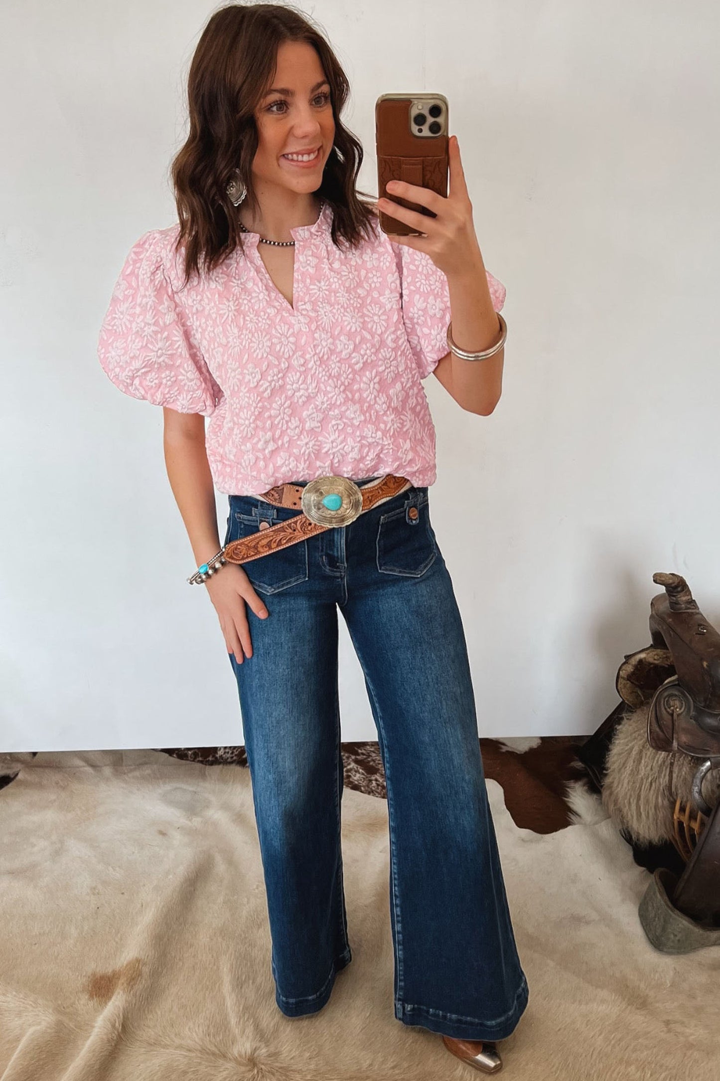 Apricot Pink Floral Textured Jacquard Puff Sleeve Blouse