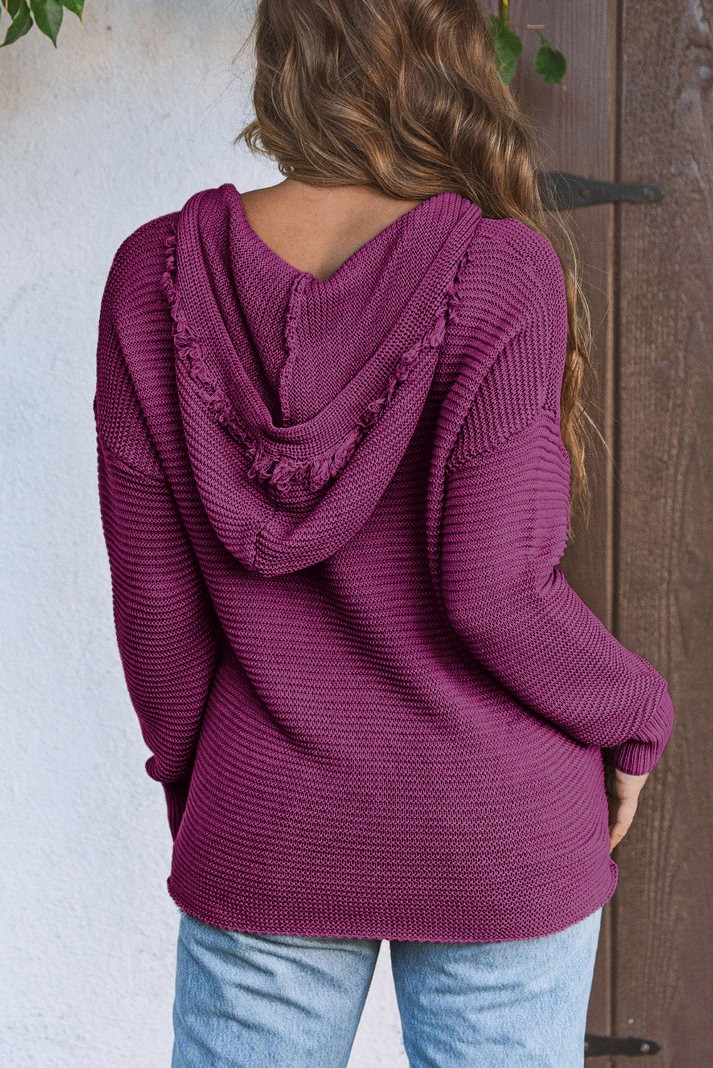 A Purple Split V Neck Pullover Hooded Sweater