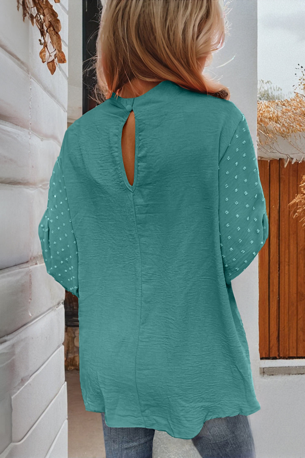 Gossamer Pink Swiss Dot Balloon Sleeve Patchwork Crinkle Blouse