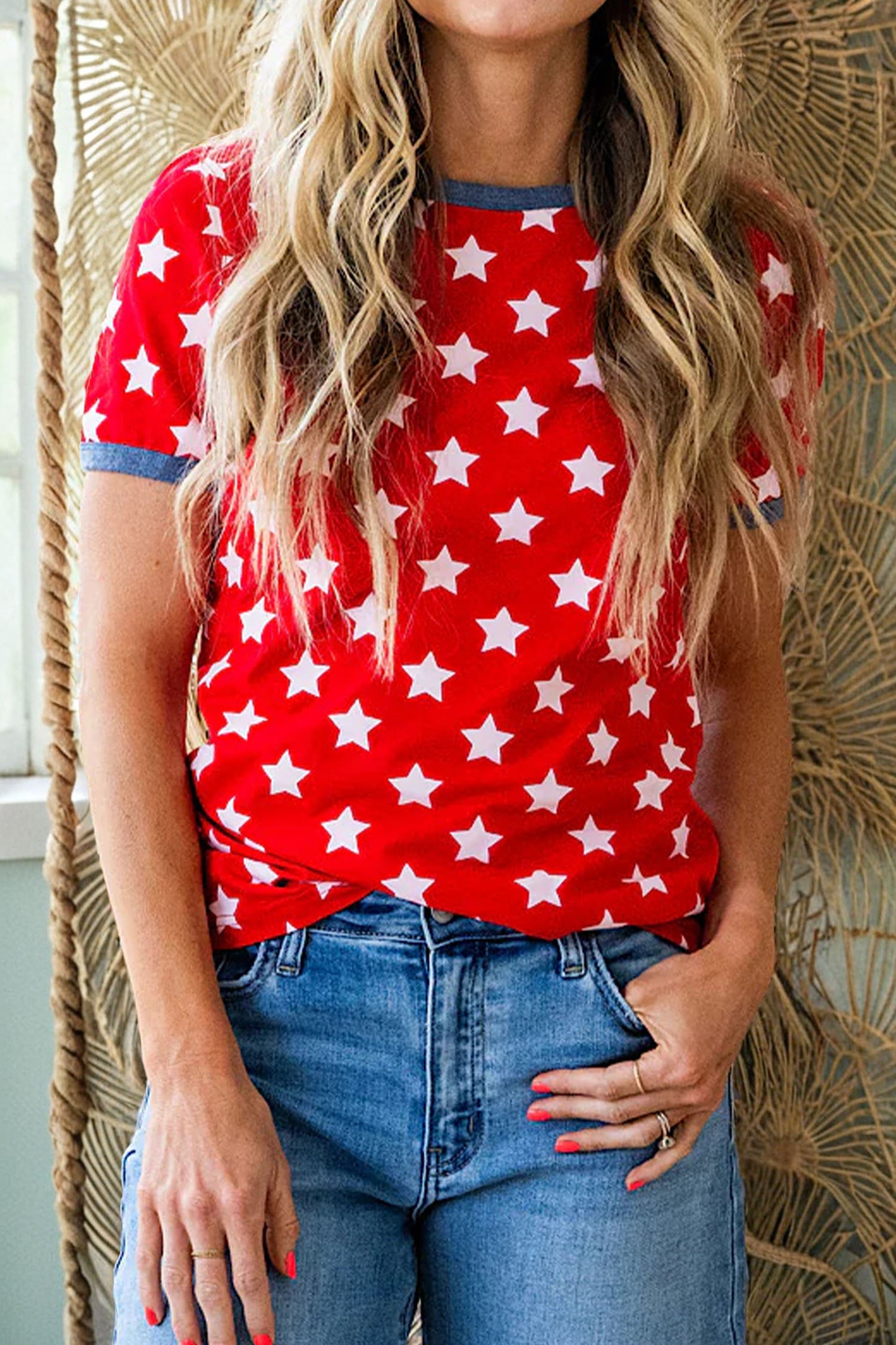Red Stars Print Colorblock Binding Tape Collar Cuff Viscose Tunic Top