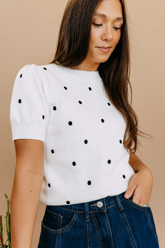 White Elegant Polka Dot Bubble Short Sleeve Sweater