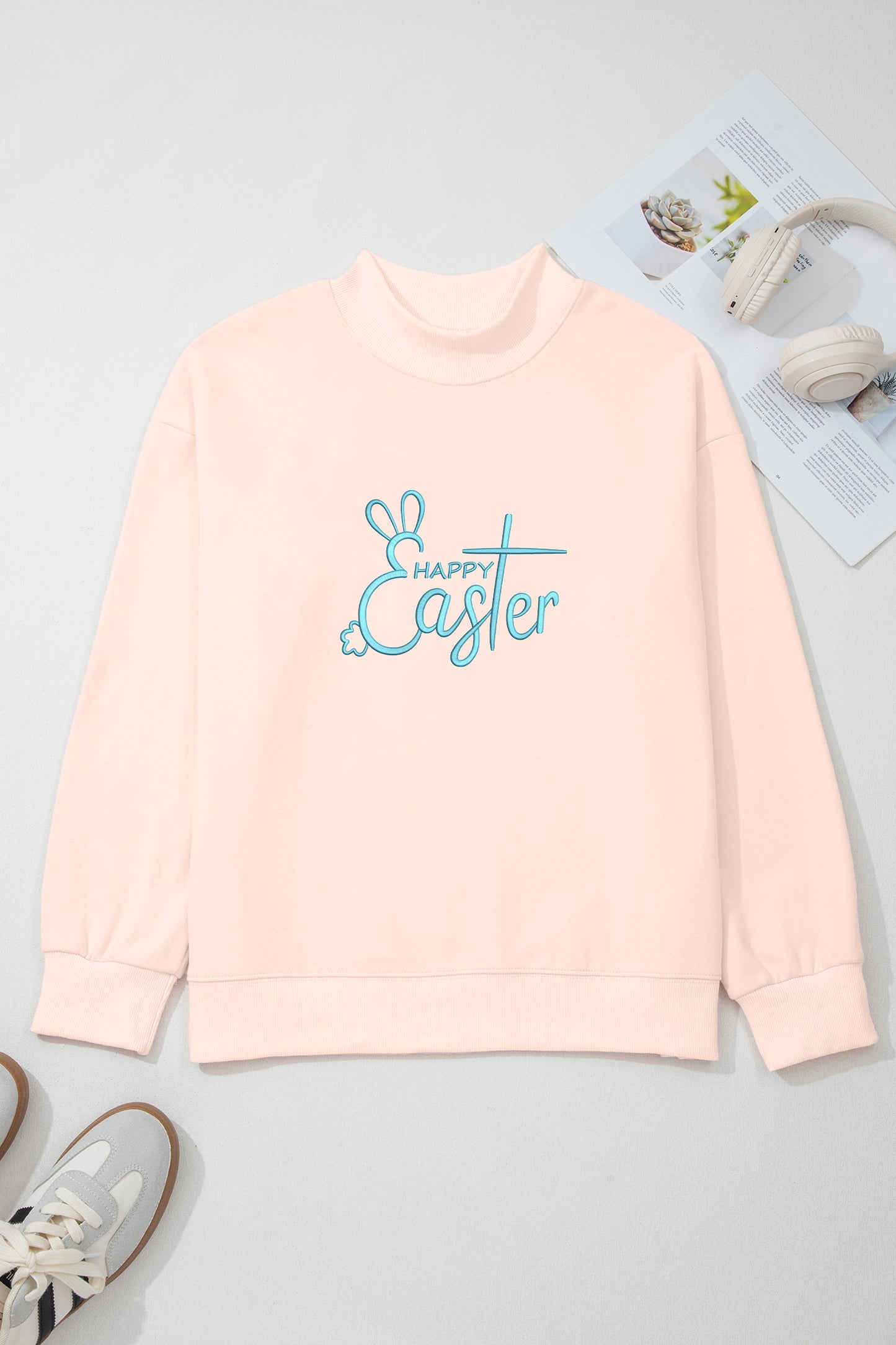 Apricot Pink Happy Easter Chic Bunny Embroidered Mock Neck Sweatshirt
