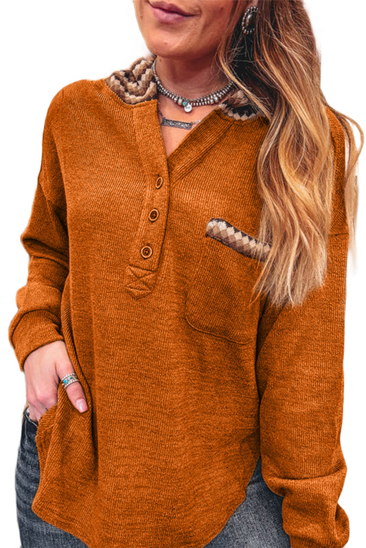 Straw Yellow Contrast Plaid Hooded Patchwork Pocket Henley Top