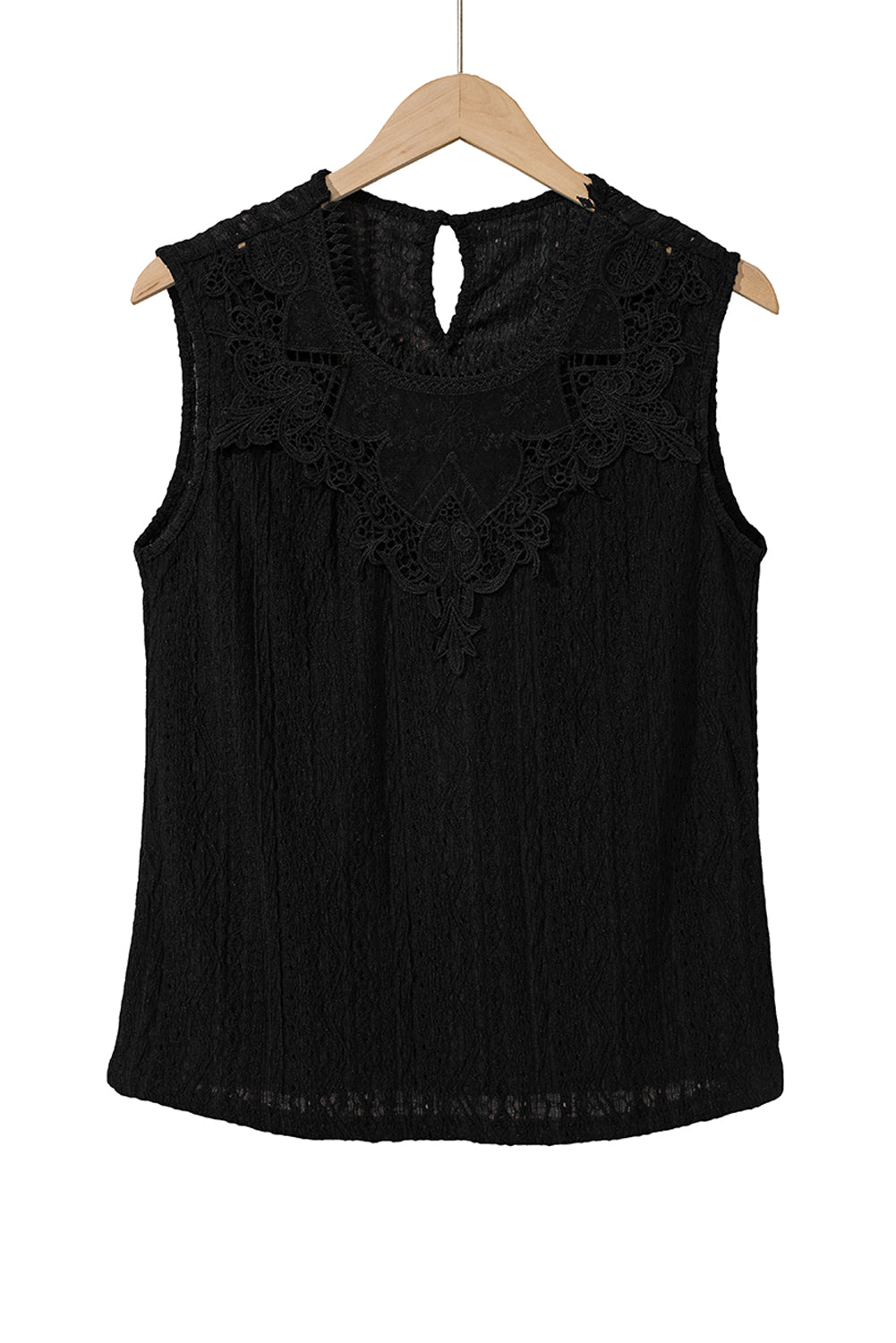 Black Guipure Lace Crochet Keyhole Back Sleeveless Shirt