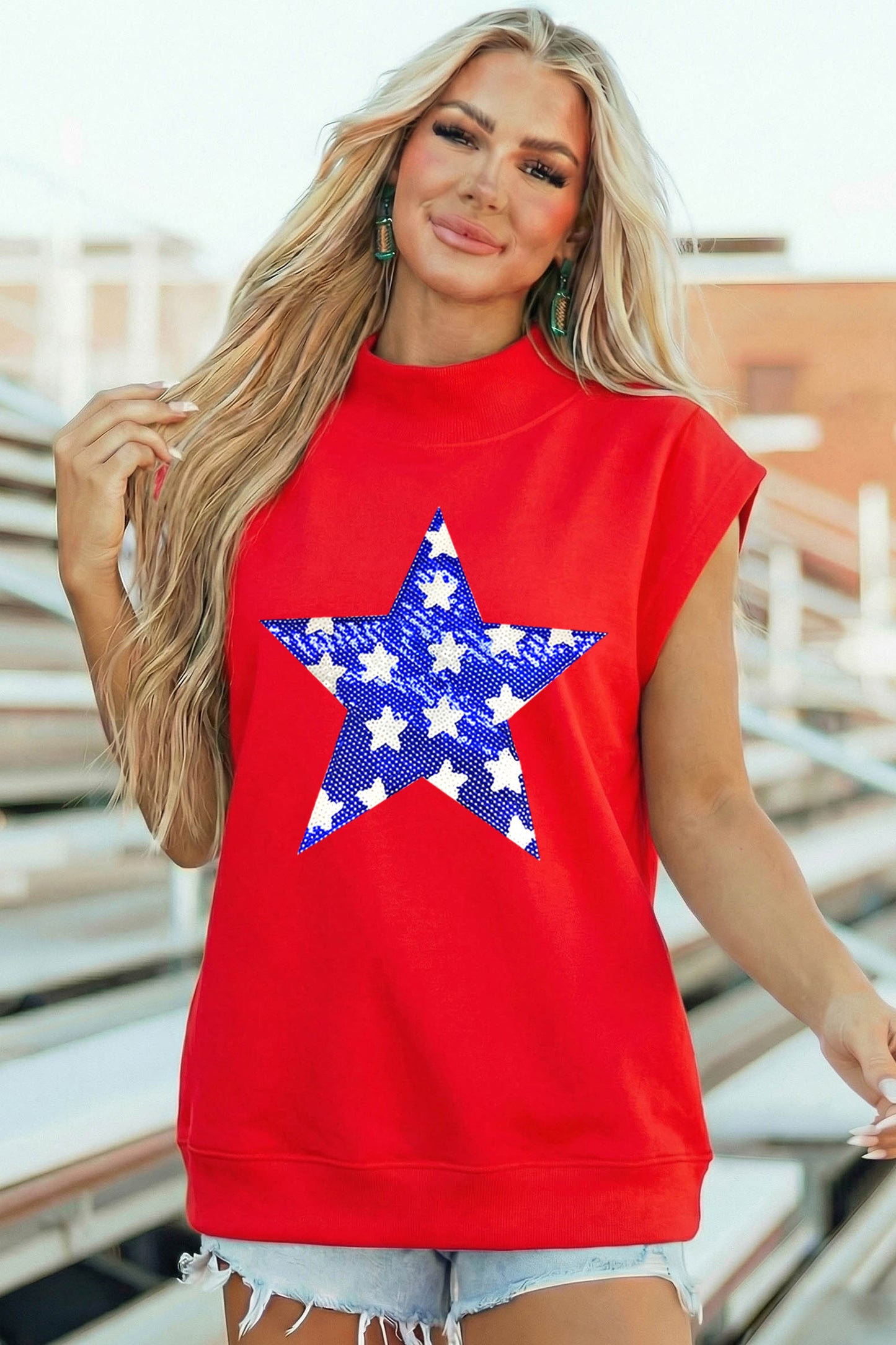 Racing Red High Neck Sleeveless Star Print Casual Shift Tunic Top