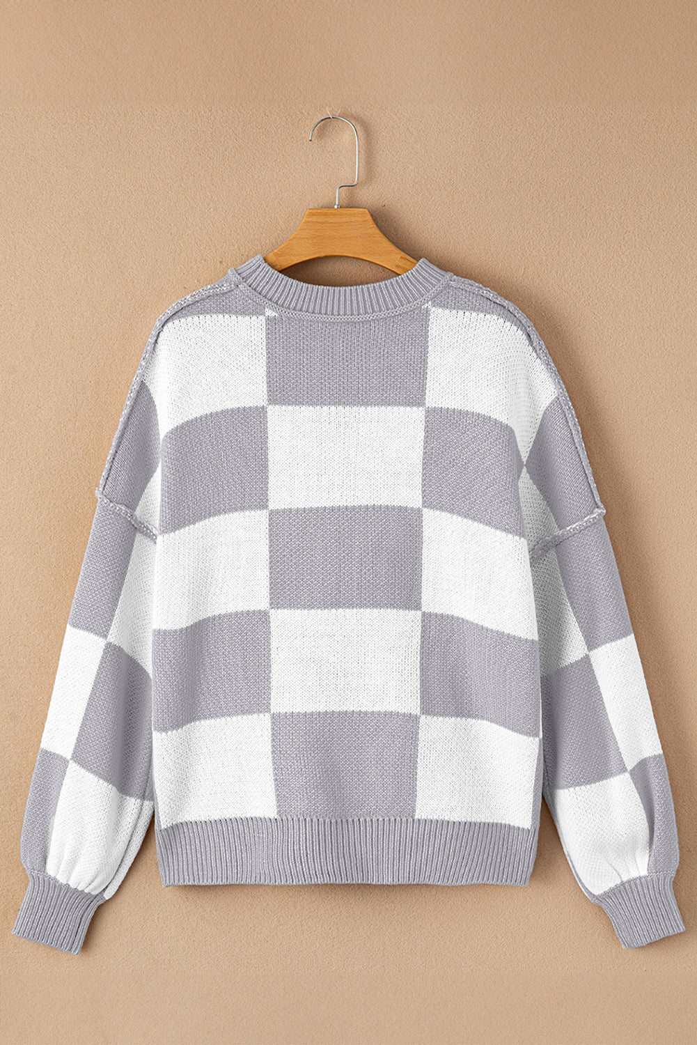 Rose Checkered Bishop Sleeve Pullover Sweater