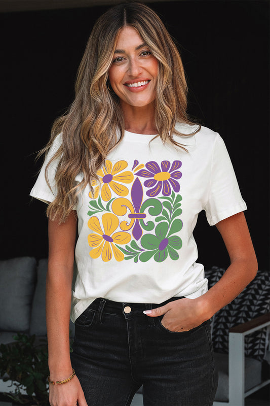White Mardi Gras Flower Fleur de Lis Graphic Tee