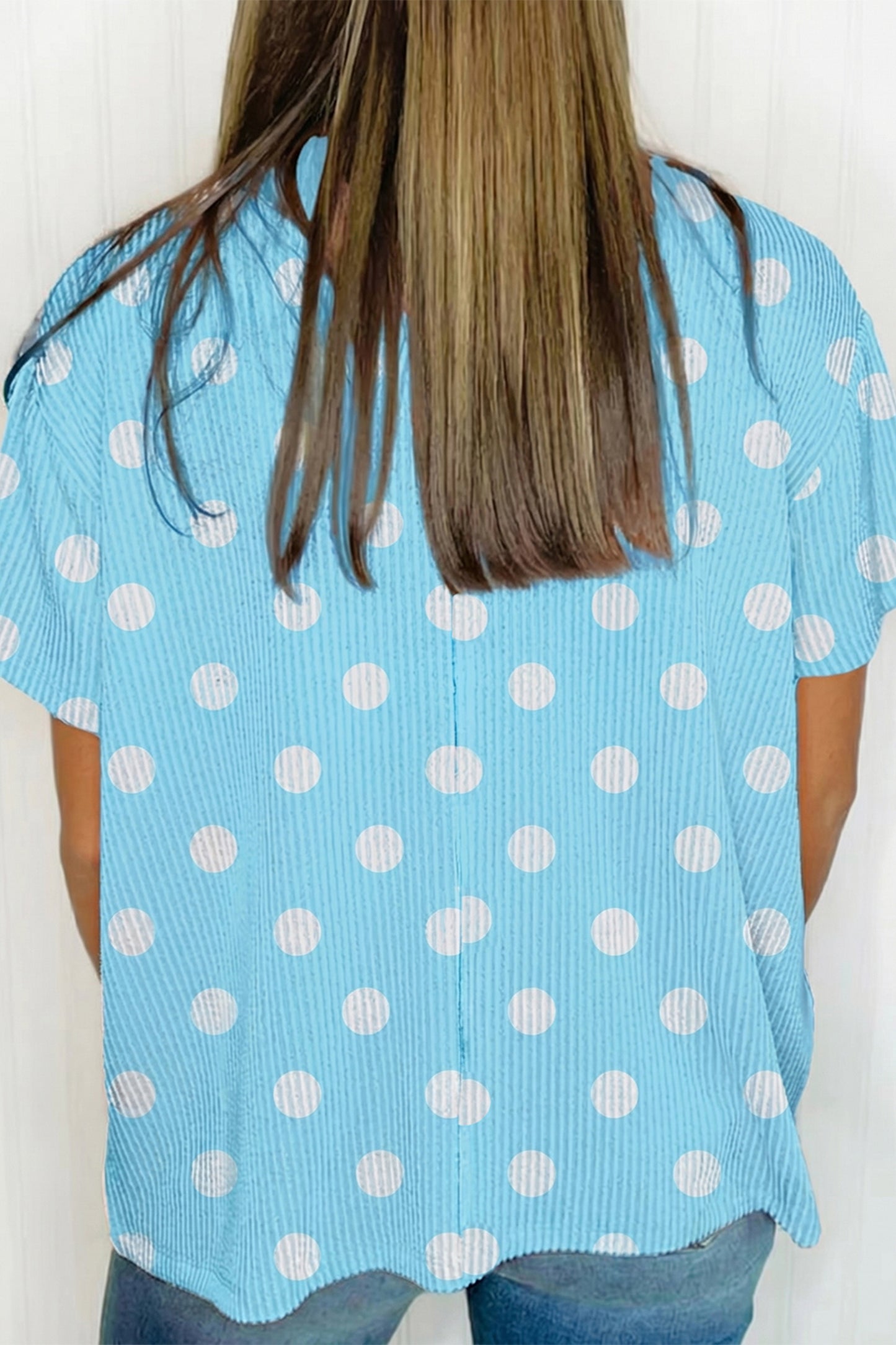 Sky Blue Polka Dot Round Neck Drop Shoulder Patch Pocket Jacquard Texture Top
