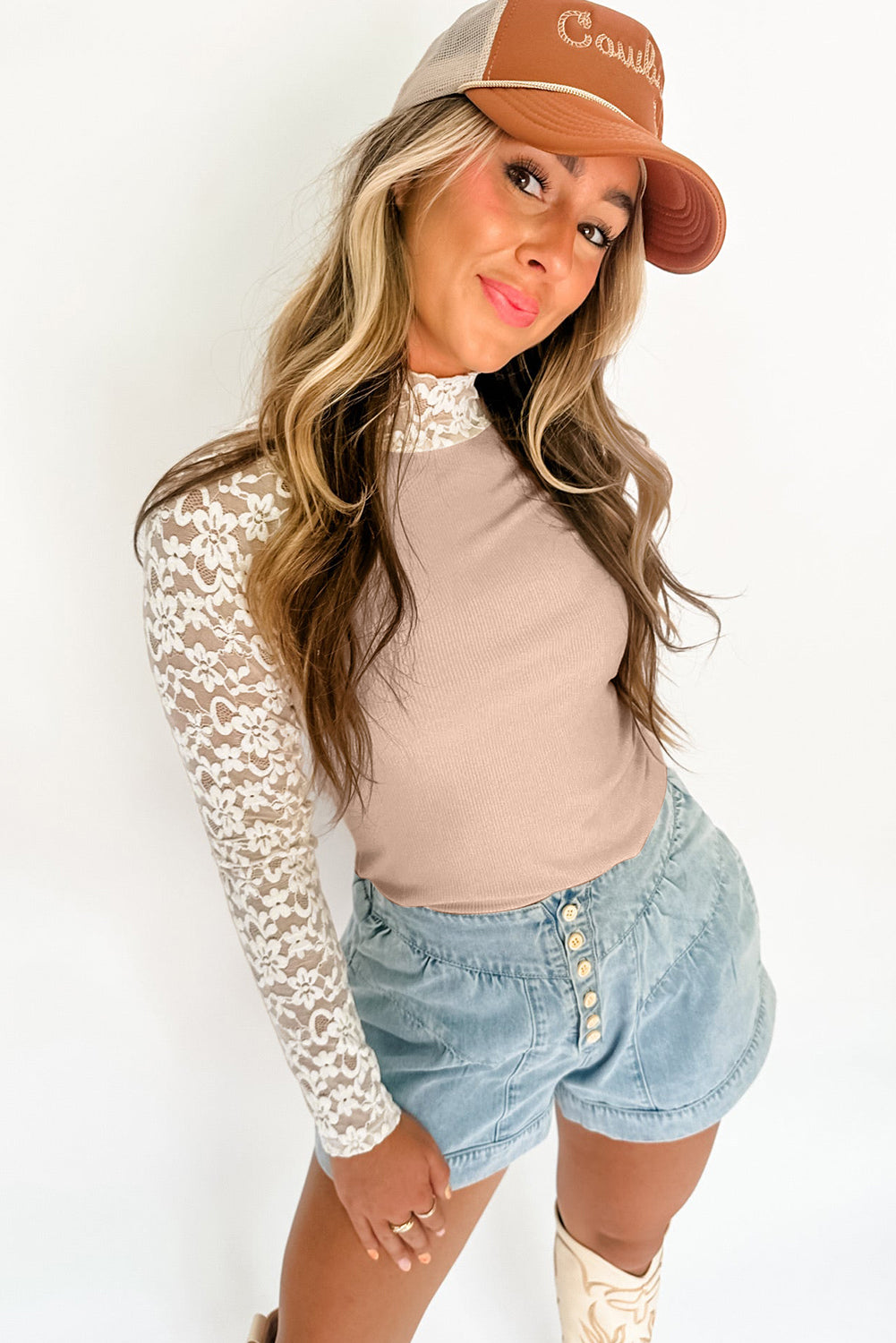 Beige and Black Floral Lace Patchwork Long Sleeve High Neck Slim Top