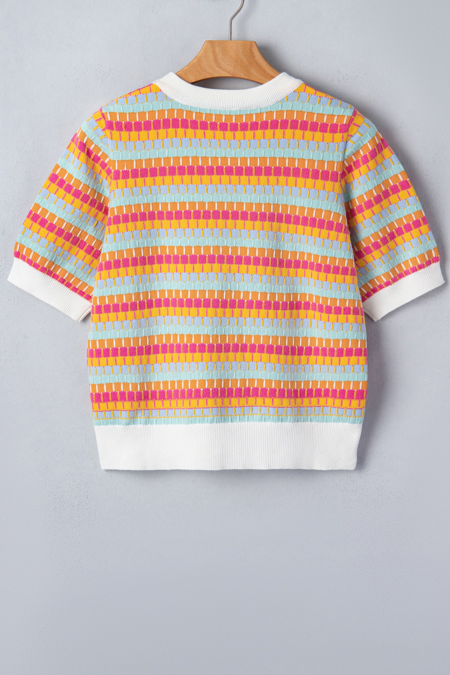 Purple Abstract Striped Knit Short Sleeve Sweater