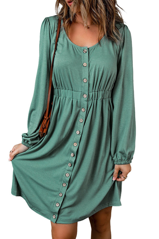 Green Casual Button Up Ruched Waist Short Dress