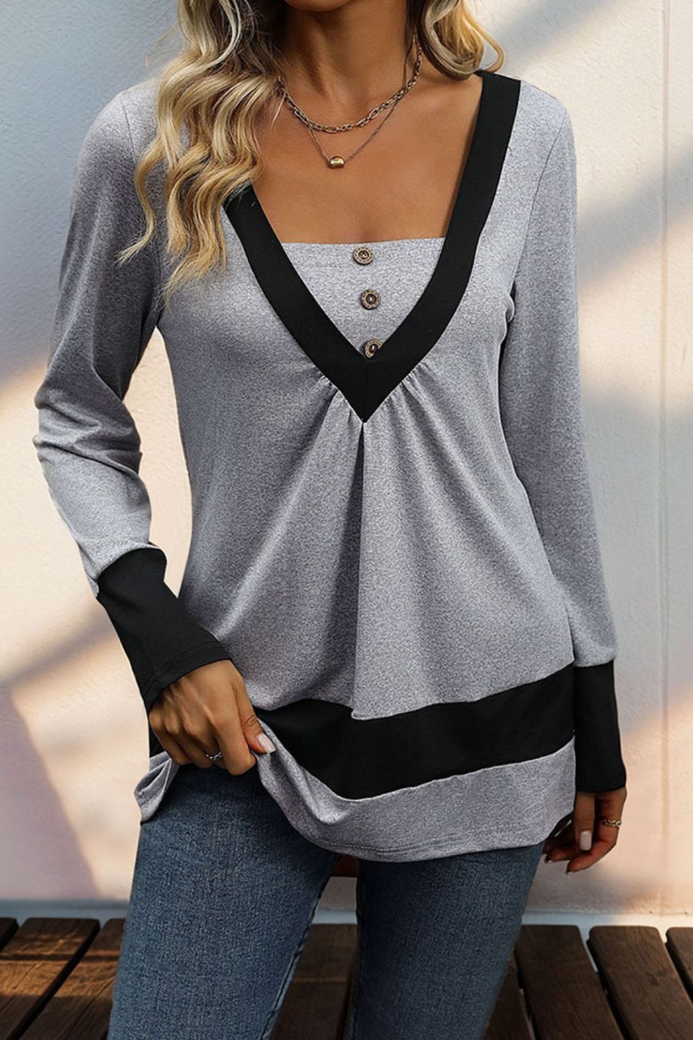 Contrast Long Sleeve Blouse