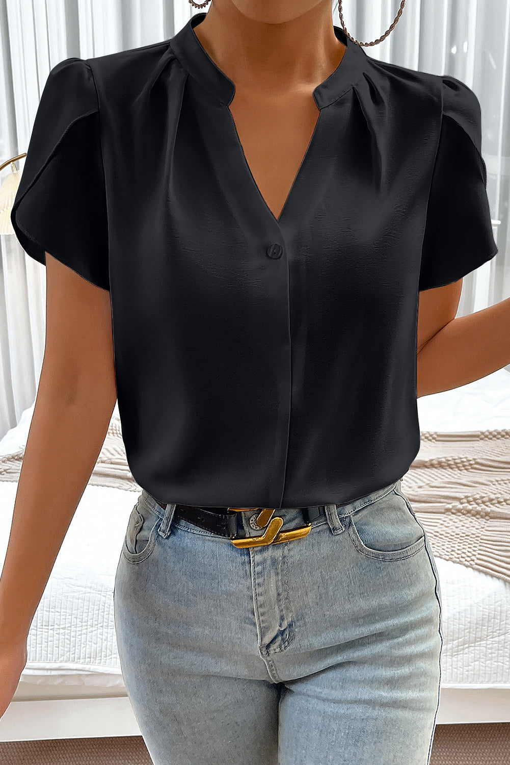 Black Button Notched Neck Petal Sleeve Blouse