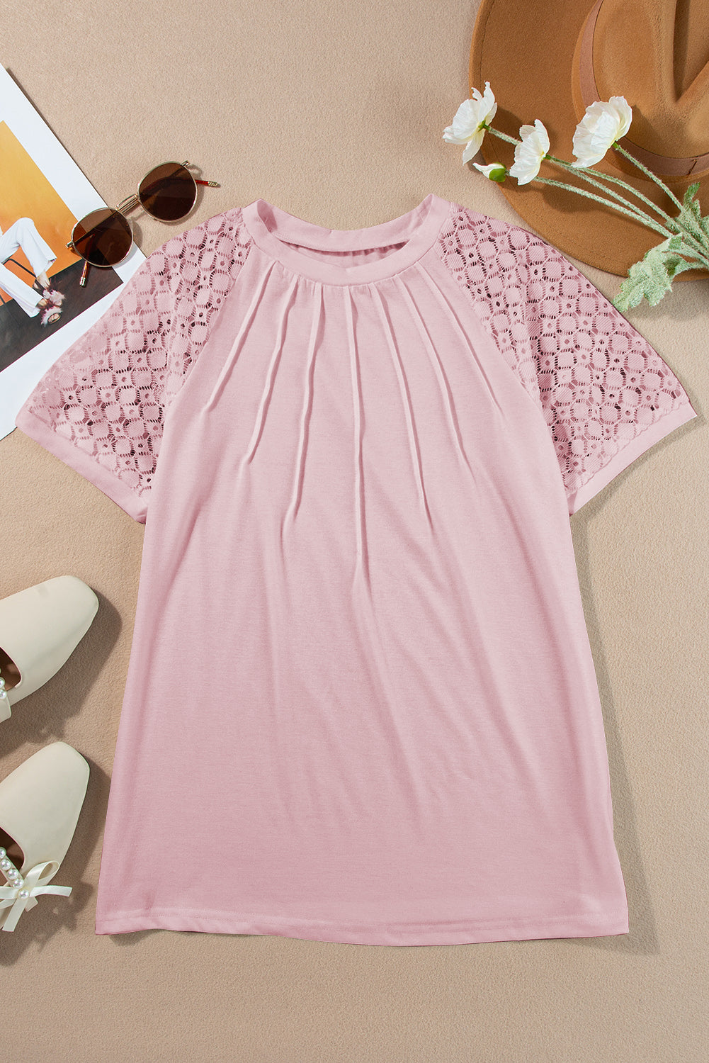Pink Seamed Detail Contrast Lace Raglan Sleeve Tee