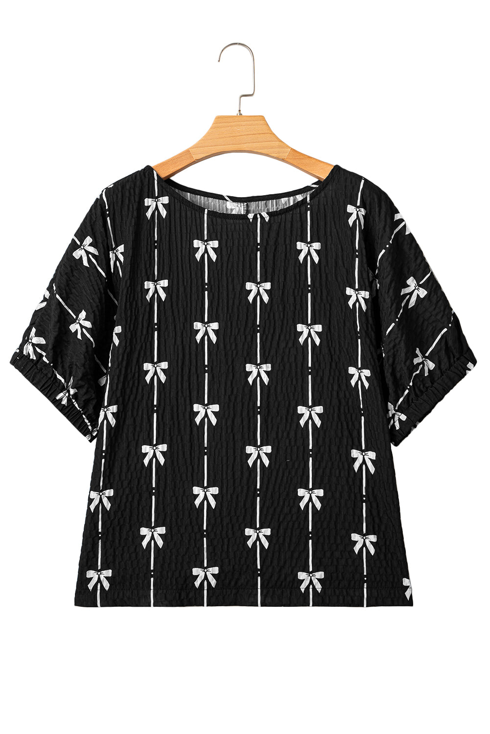 Beige Bow Print Striped Puff Short Sleeve Blouse