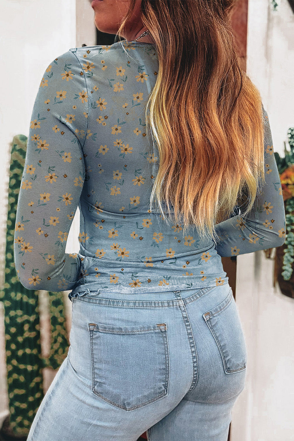 Sky Blue Floral Print Mesh Slim Fit Long Sleeve Top