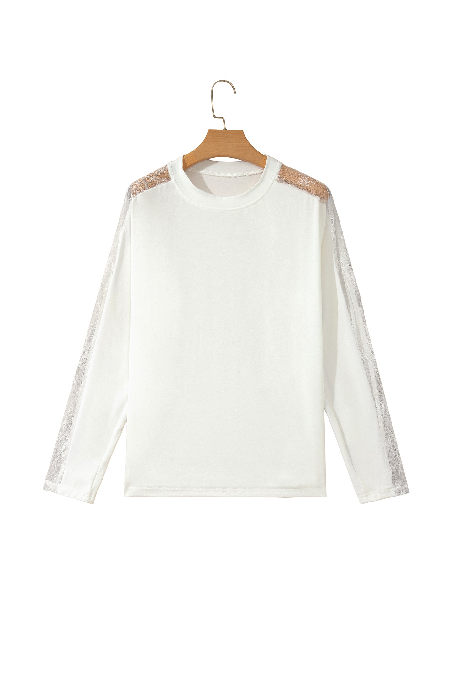 White Lace Patchwork Round Neck Long Sleeve Top