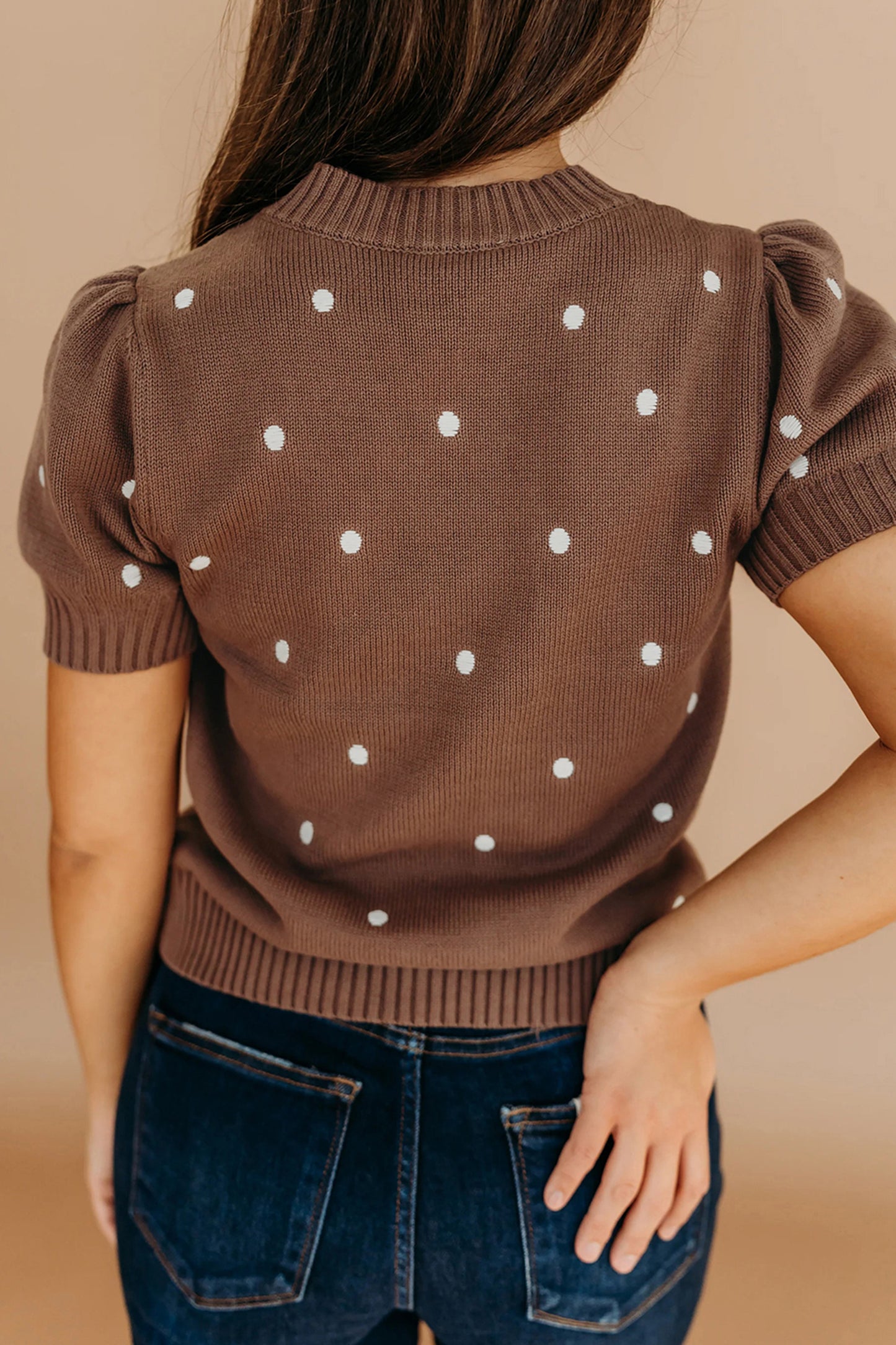 White Elegant Polka Dot Bubble Short Sleeve Sweater