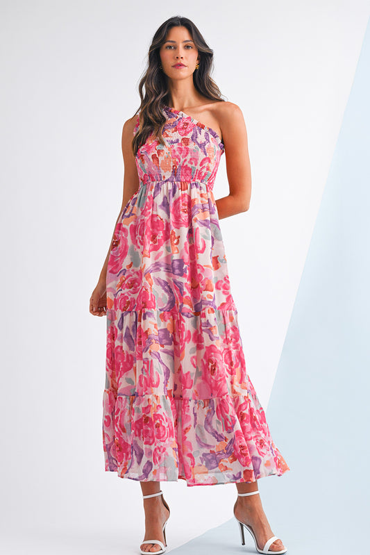 Pink Floral Print Shirred One Shoulder Maxi Dress