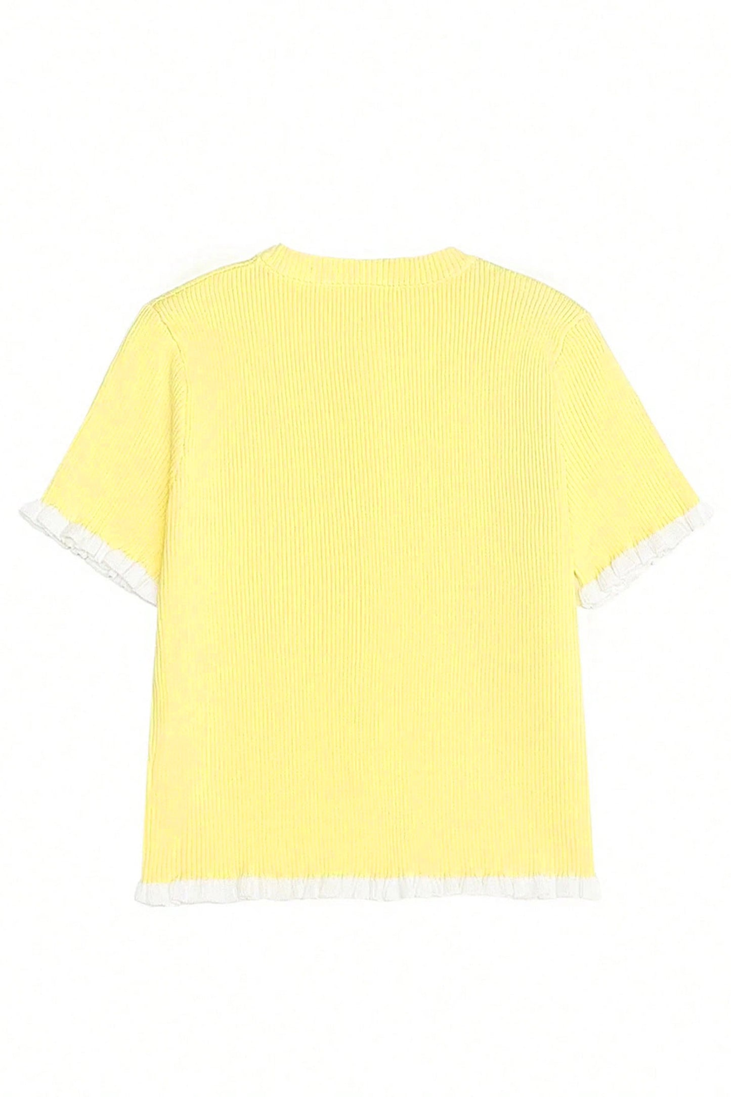 Yellow Cream Ribbed Knit Contrast Frilled Short Sleeve Sweater Cardigan