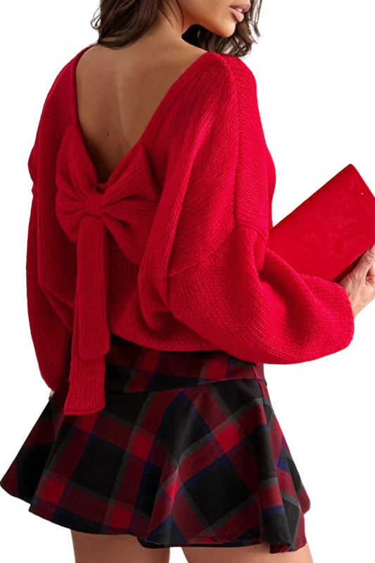 A Fiery Red Festive Bow Backless Bubble Sleeve Sweater