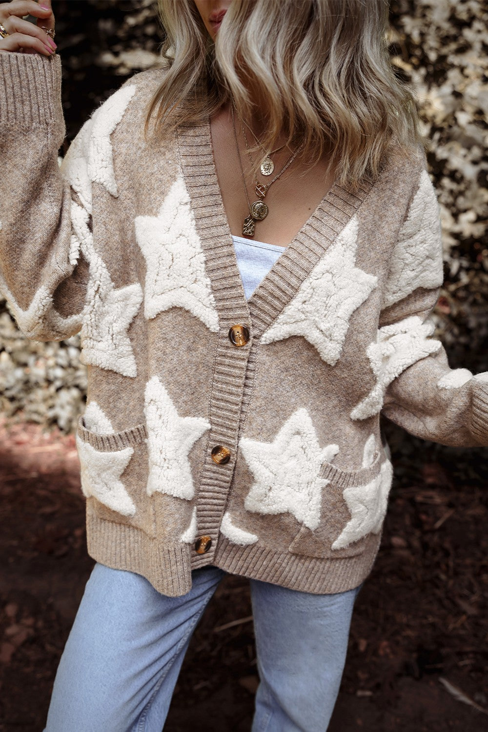 Star Beige Button Up Long Sleeve Cardigan