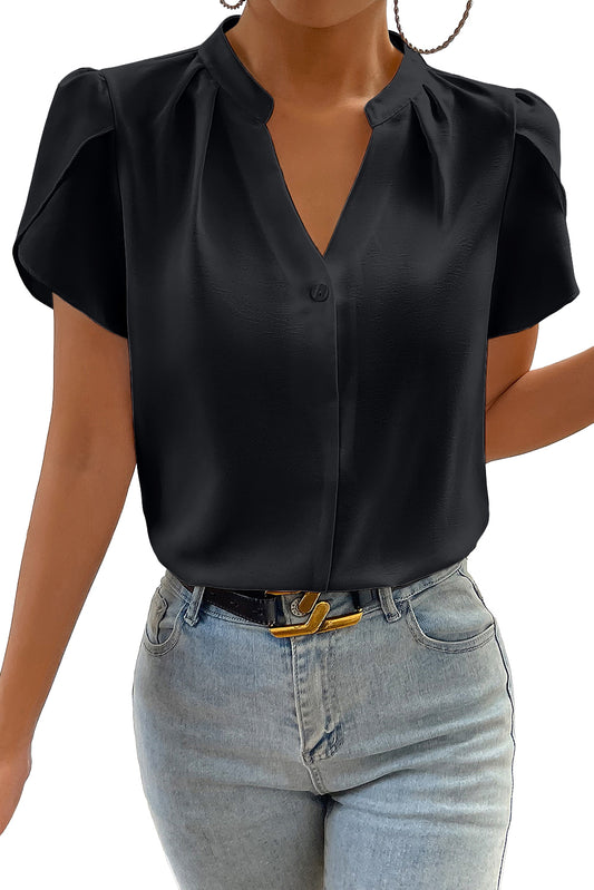 Black Button Notched Neck Petal Sleeve Blouse