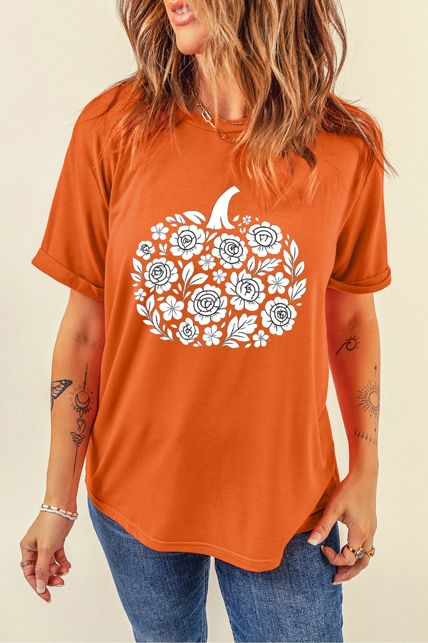 Orange Floral Pumpkin Graphic Cuffed Sleeve Casual T Shirt