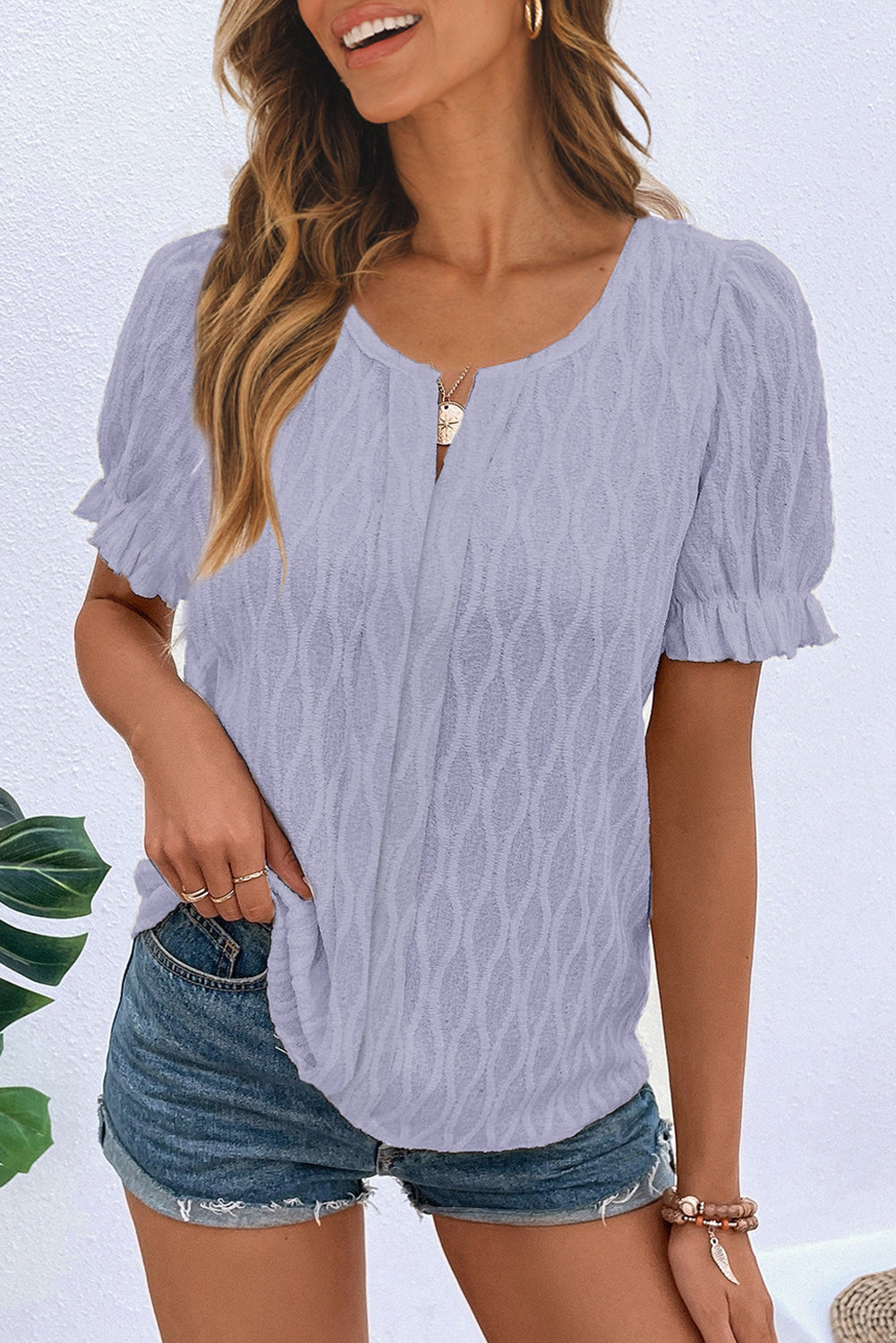 Lilac Solid Color Textured Notched Neck Puff Sleeve Blouse