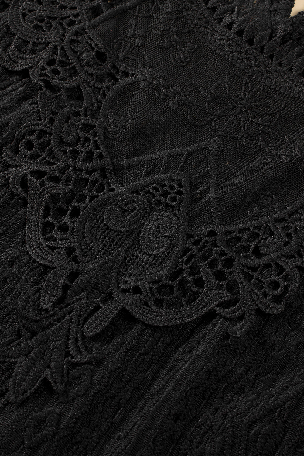 Black Guipure Lace Crochet Keyhole Back Sleeveless Shirt