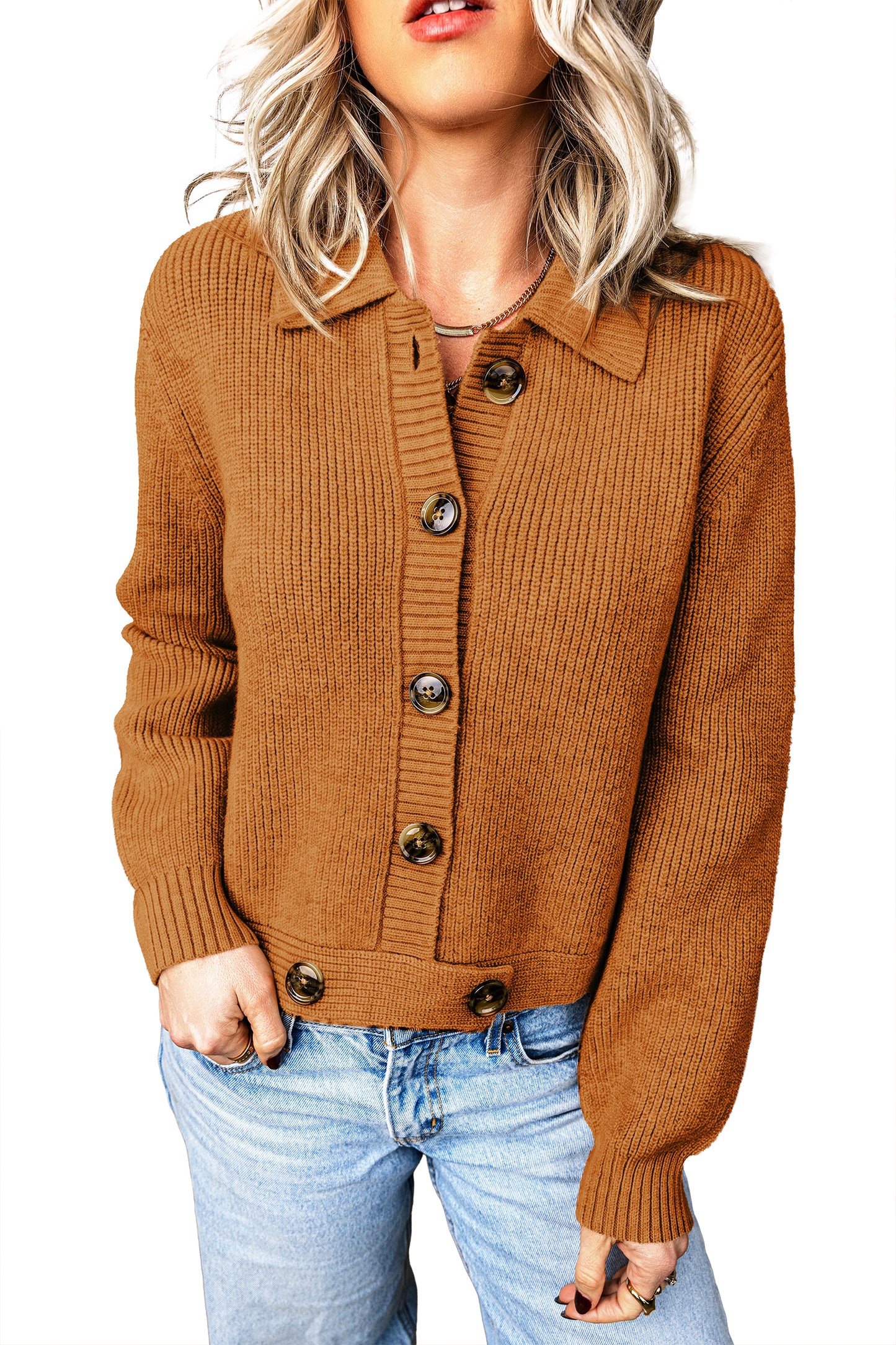 A Mustard Ribbed Knit Collar Button Front Long Sleeve Cardigan