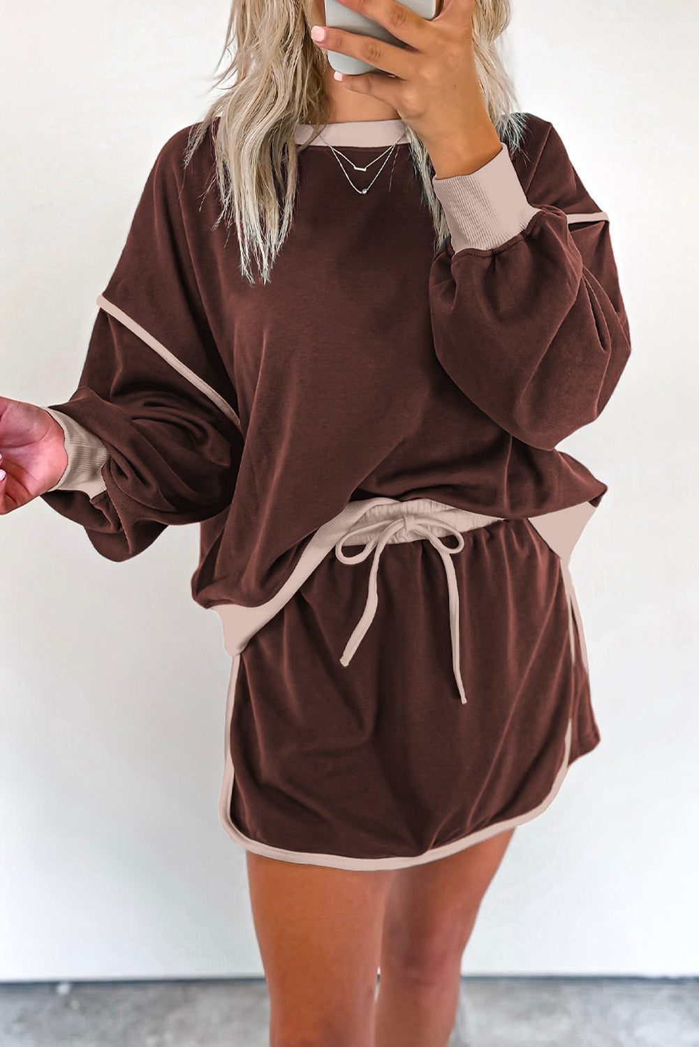 Black Contrast Trim Loose Pullover and Lace-up Waist Skort Set