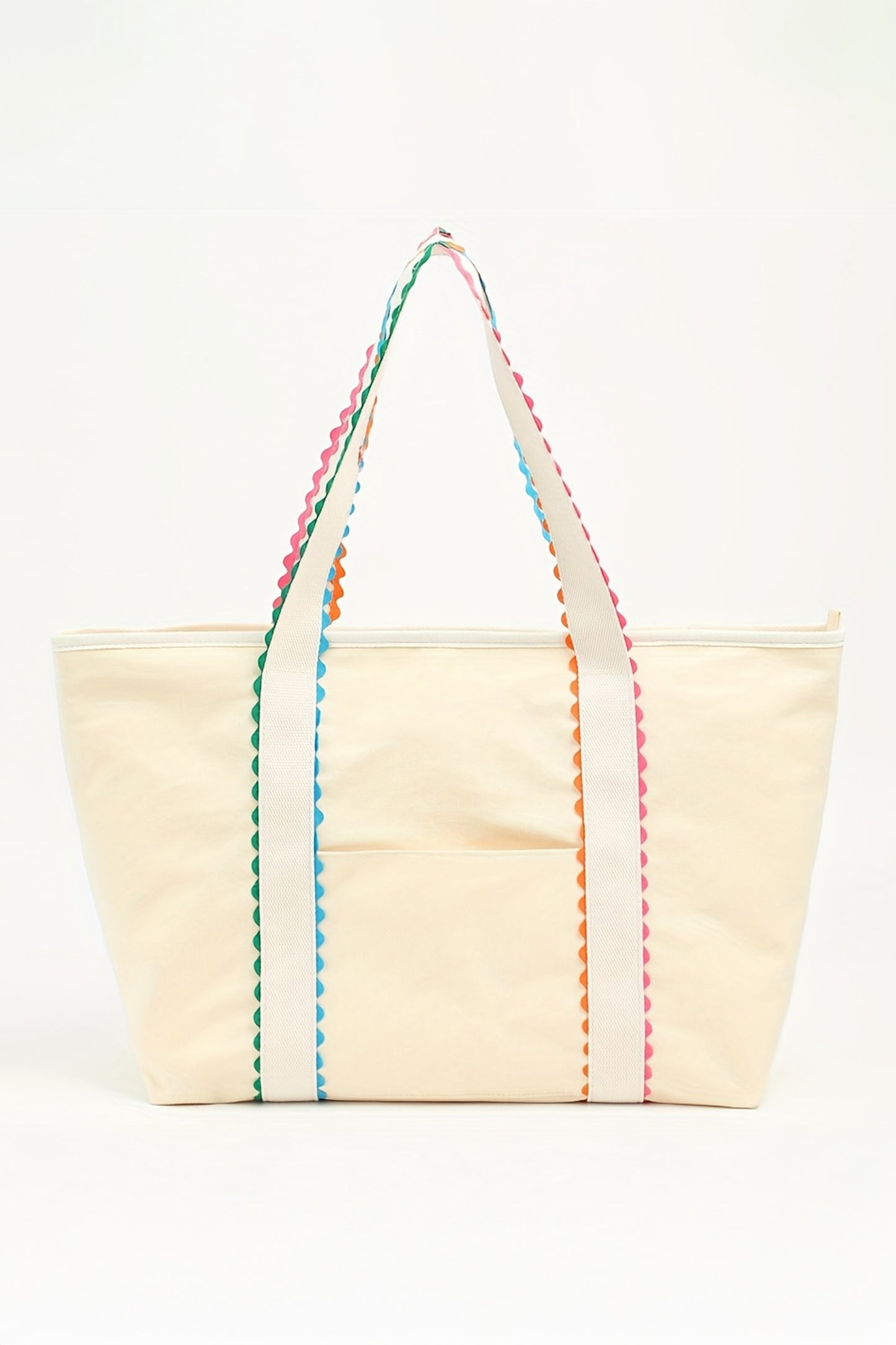 White Colorful Ricrac Detail Canvas Tote Bag