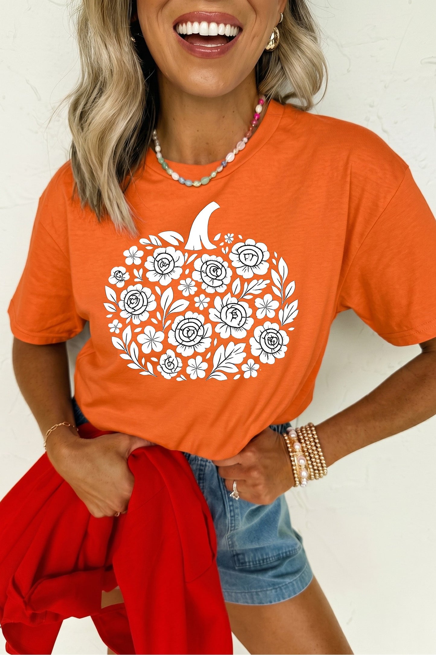 Orange Floral Pumpkin Graphic Cuffed Sleeve Casual T Shirt