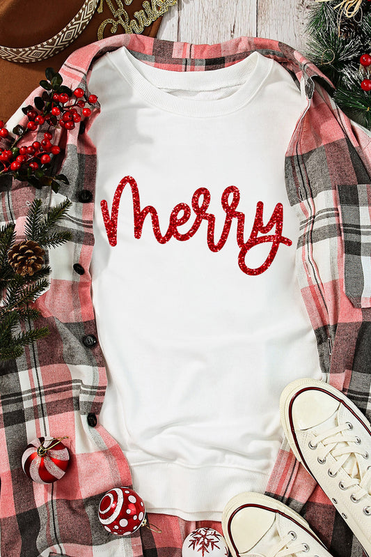 Beige Glitter Merry Graphic Transfer Vinyl Process Crew Neck Sweatshirt