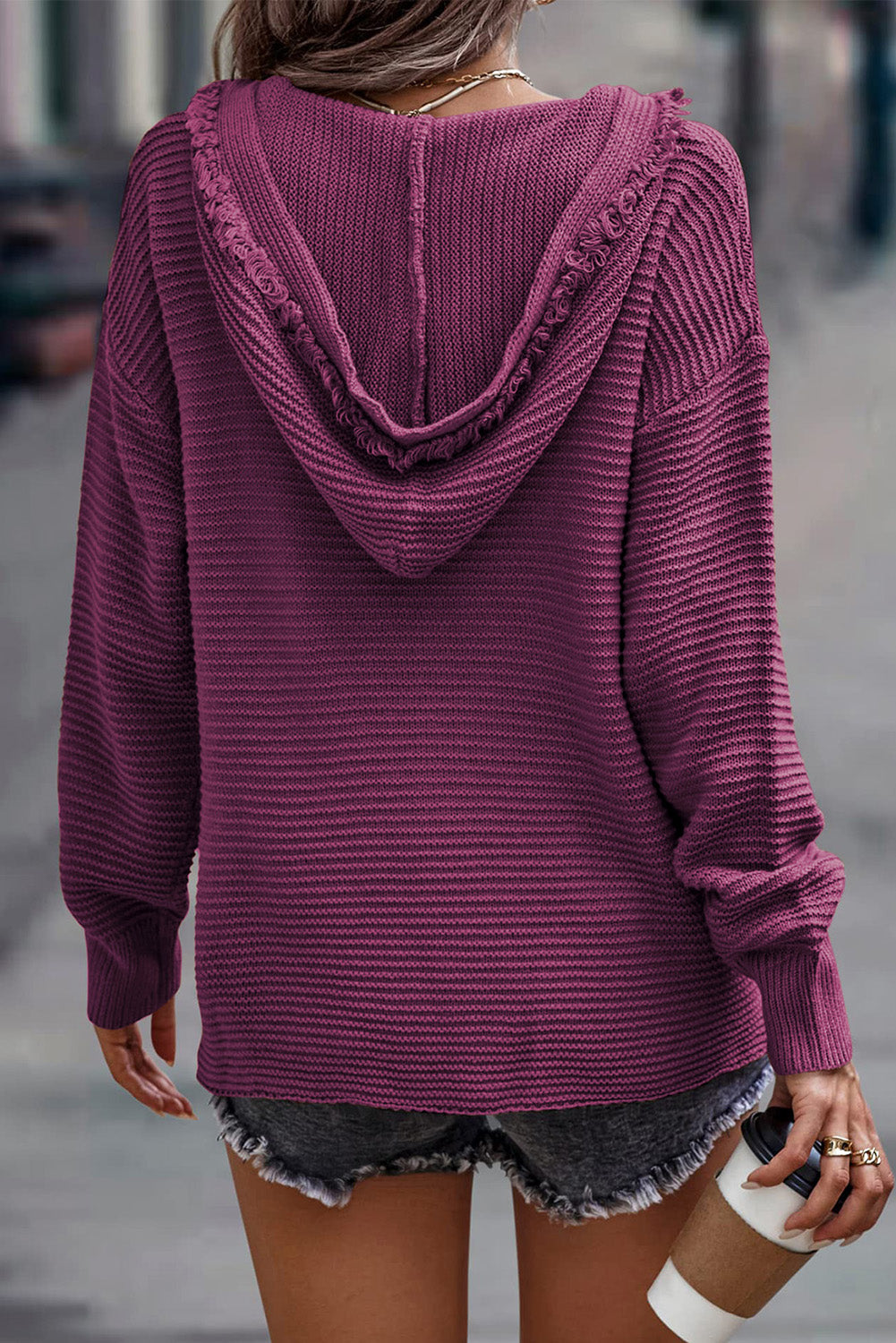 A Purple Split V Neck Pullover Hooded Sweater