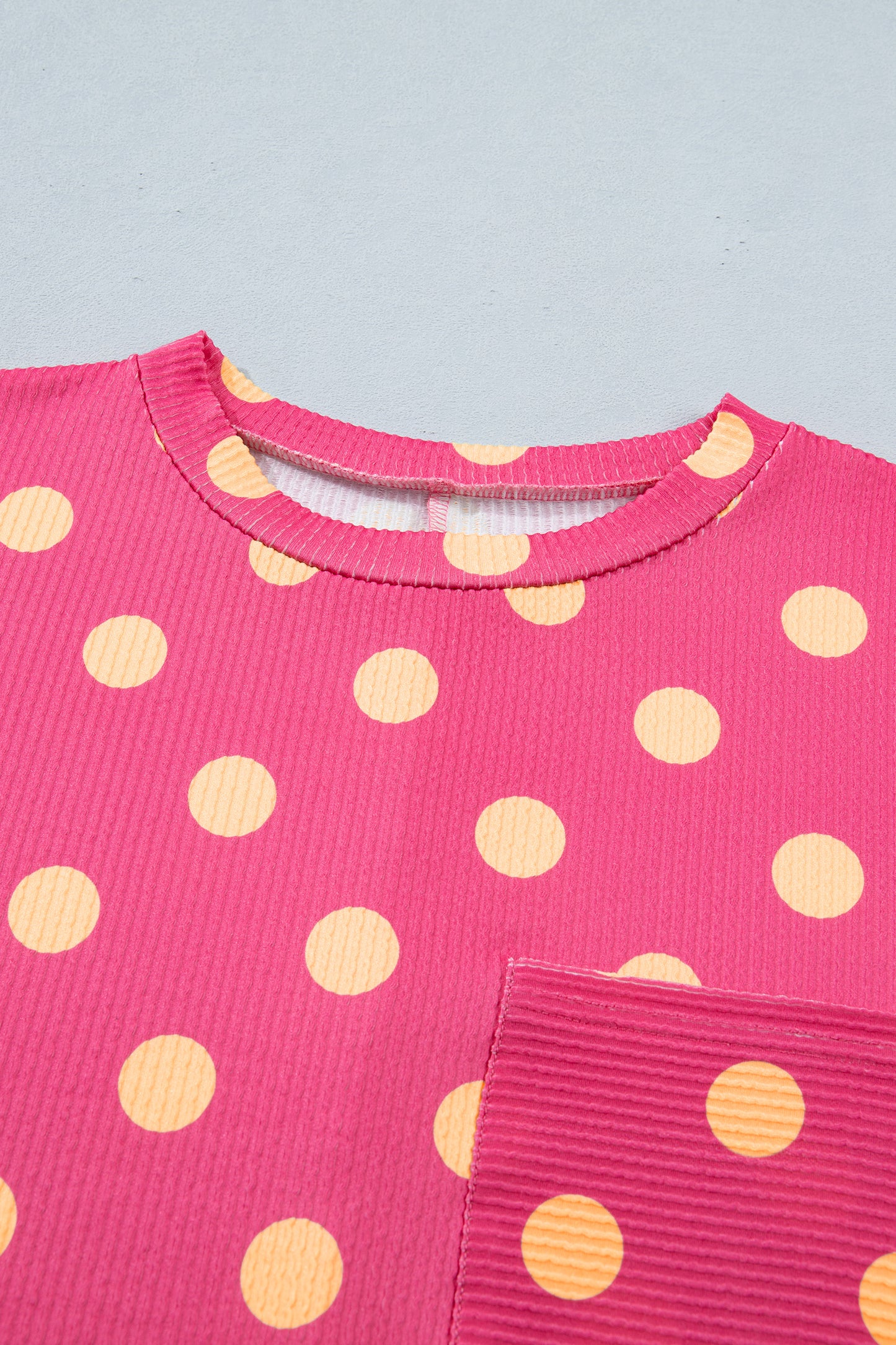Sky Blue Polka Dot Round Neck Drop Shoulder Patch Pocket Jacquard Texture Top