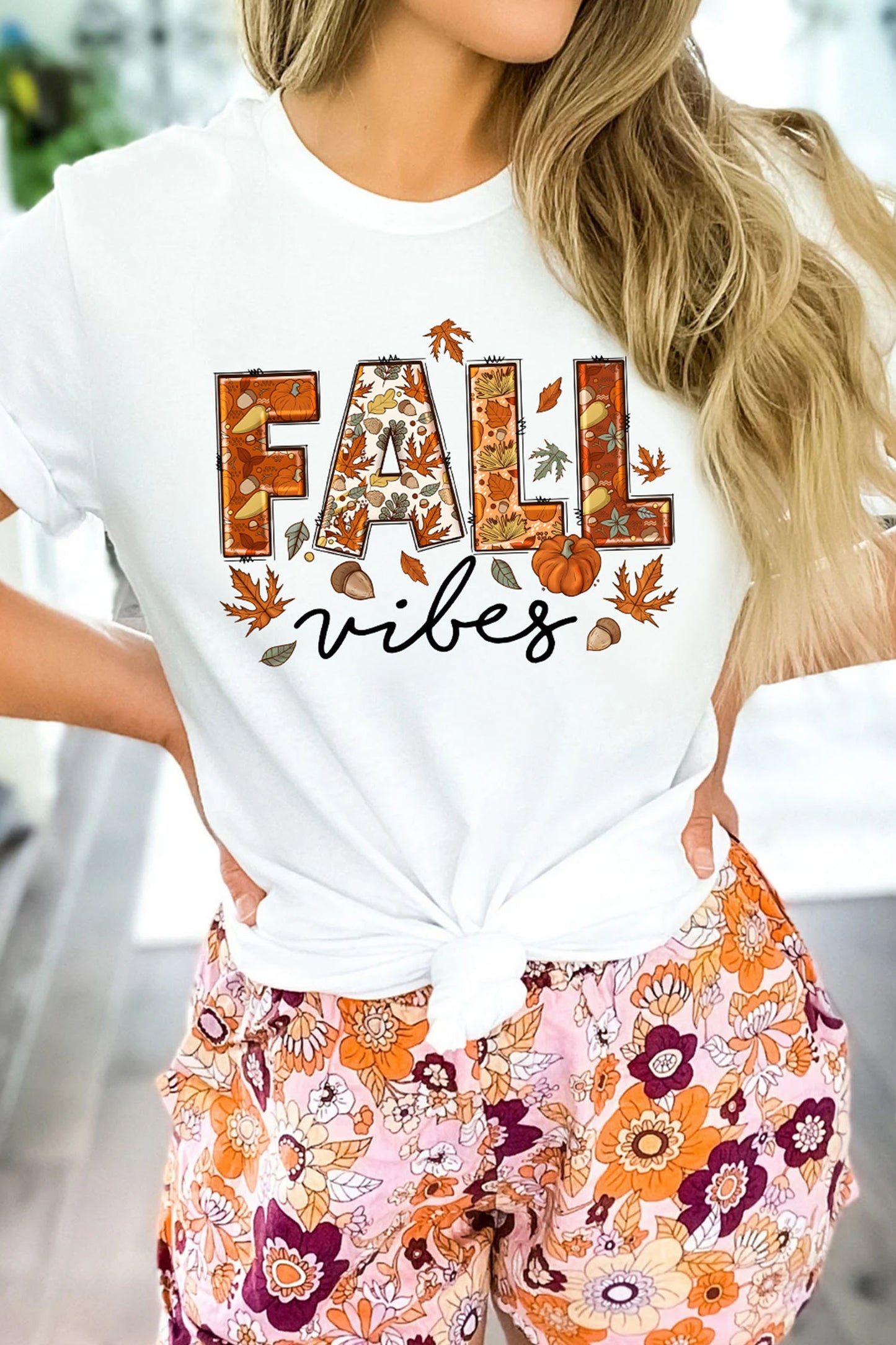 White FALL vibes Stylish Letter Print Round Neck T-Shirt