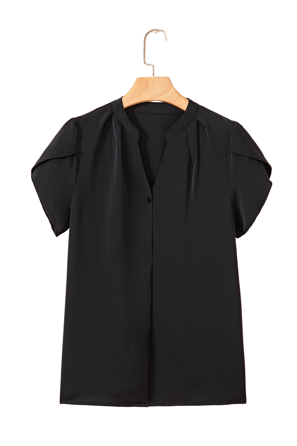 Black Button Notched Neck Petal Sleeve Blouse