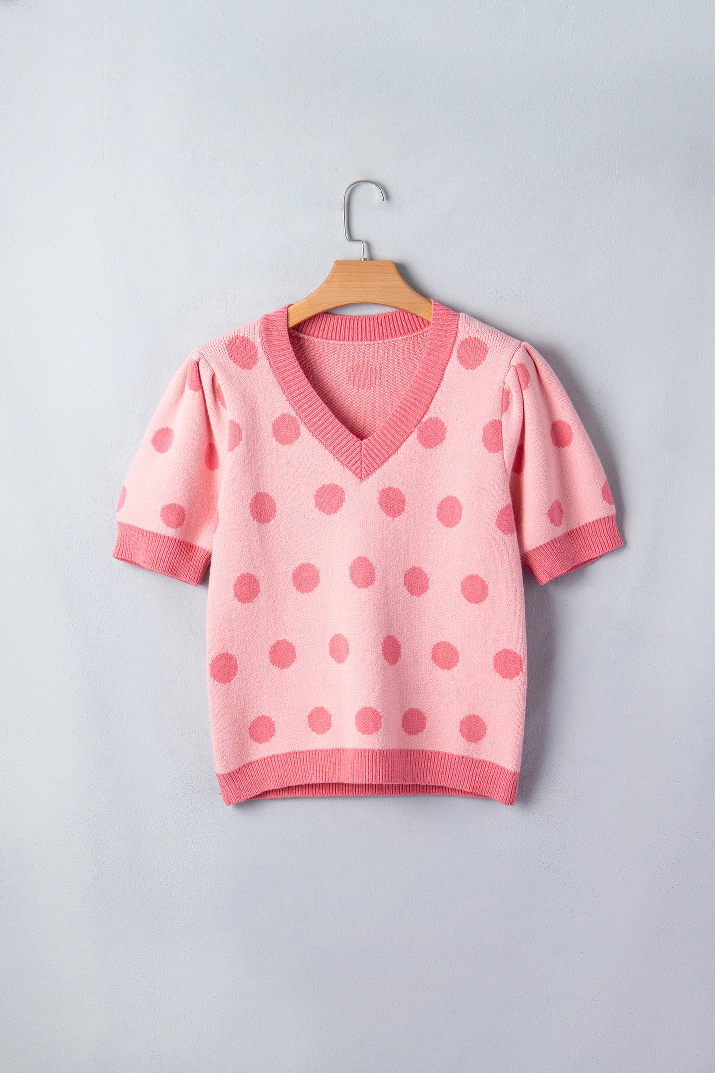 Pink Polka Dot Puff Short Sleeve Sweater Top