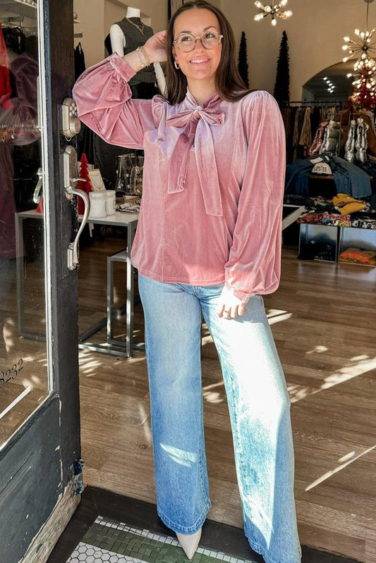 Fushia Velvet Long Sleeve Stand Neck Knot Blouse
