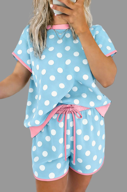 Sky Blue Polka Dot Contrast Edge Casual Short Set