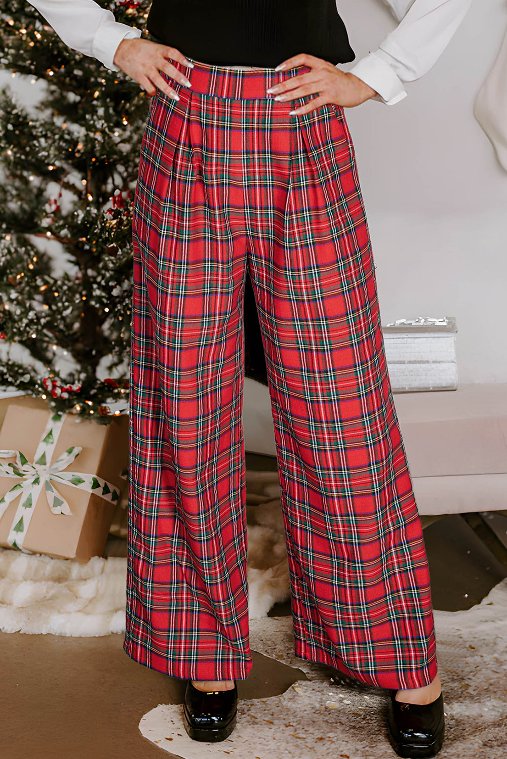 Red Christmas Plaid Wide Leg Pull-On Pants